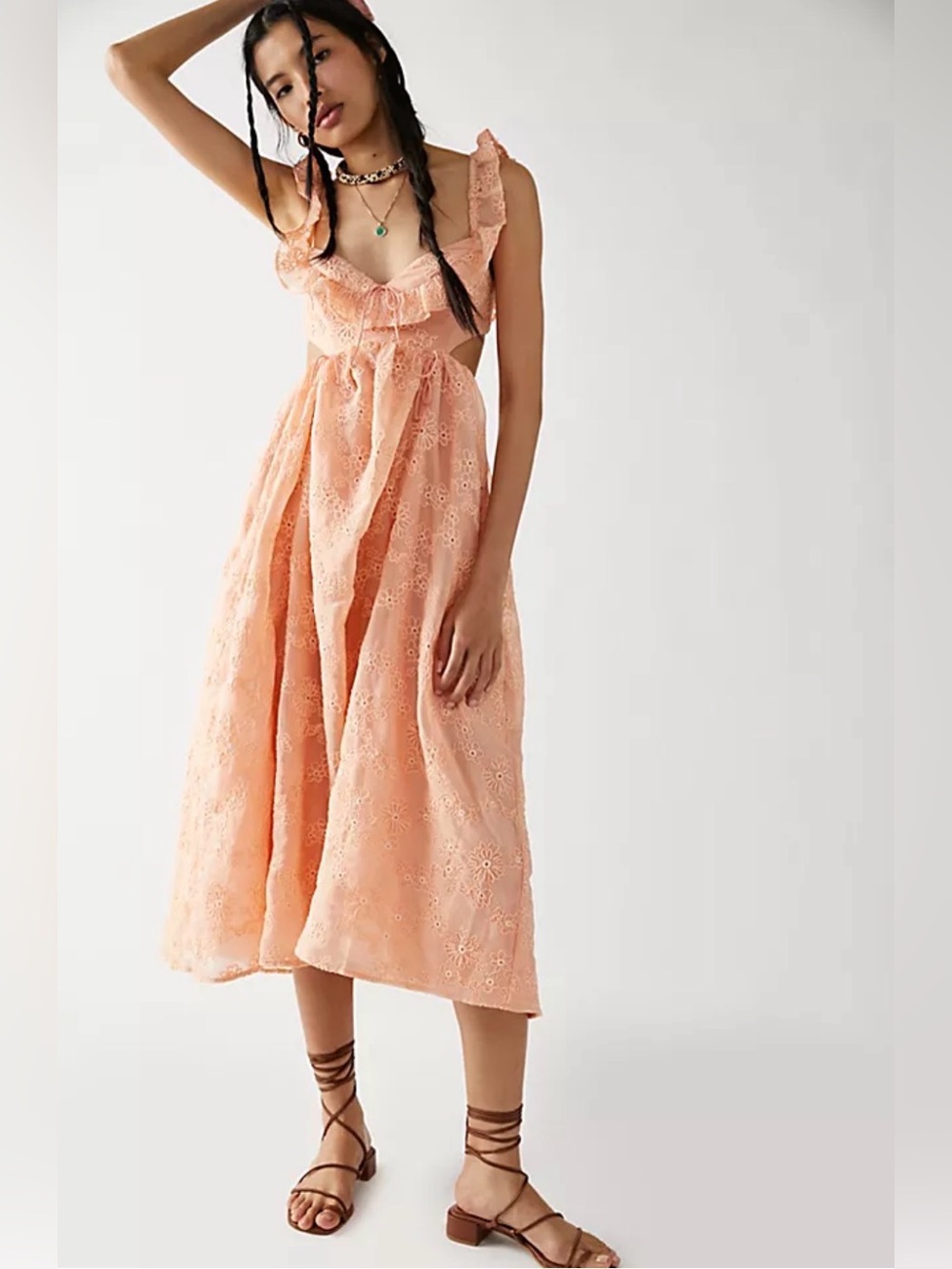 NWT For Love & Lemons Frances Midi Dress Peach Orange Size L